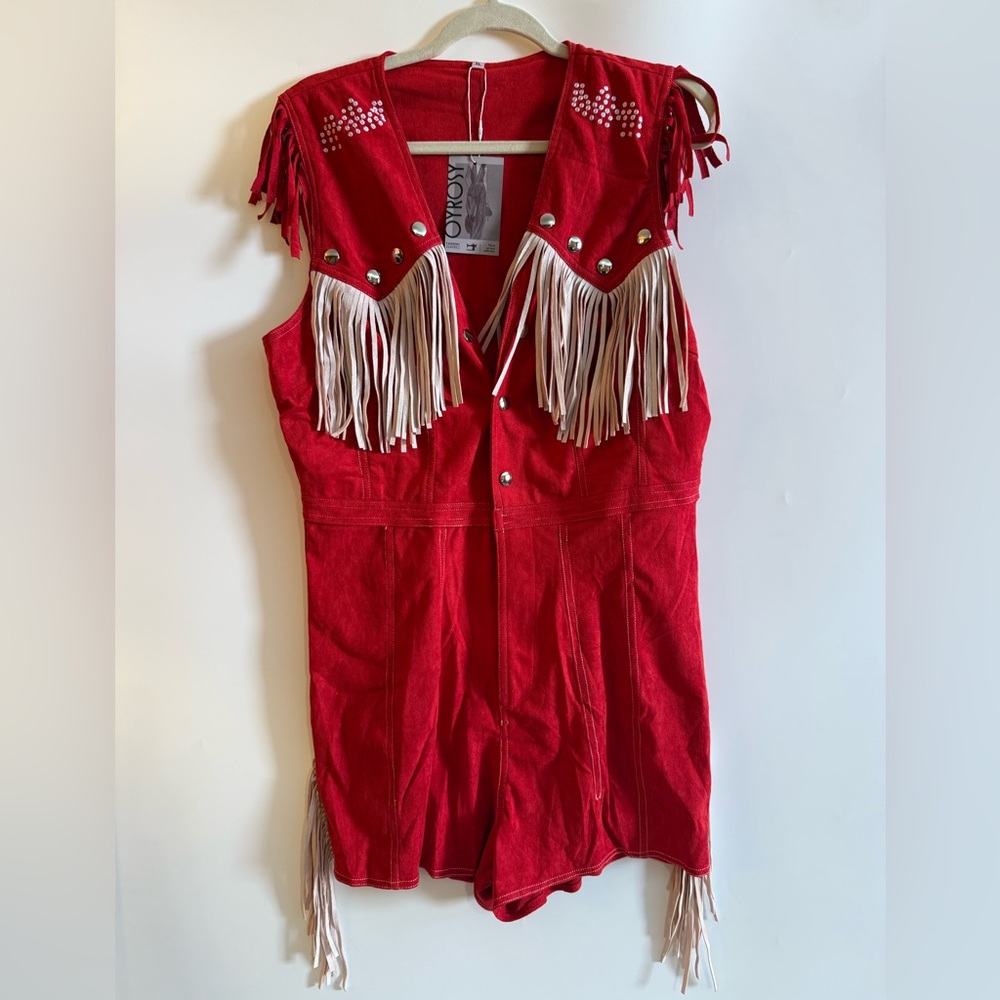 Oyrosy Western Cowboy Style Red Suede Silver Button Beige Tassel Jumpsuit NWT - Picture 6 of 12